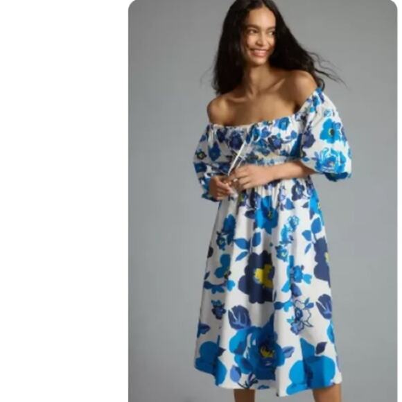 PLENTY BY TRACY REESE OFF-THE-SHOULDER PUFF-SLEEVE SMOCKED DRESS blue white XS - Picture 1 of 10